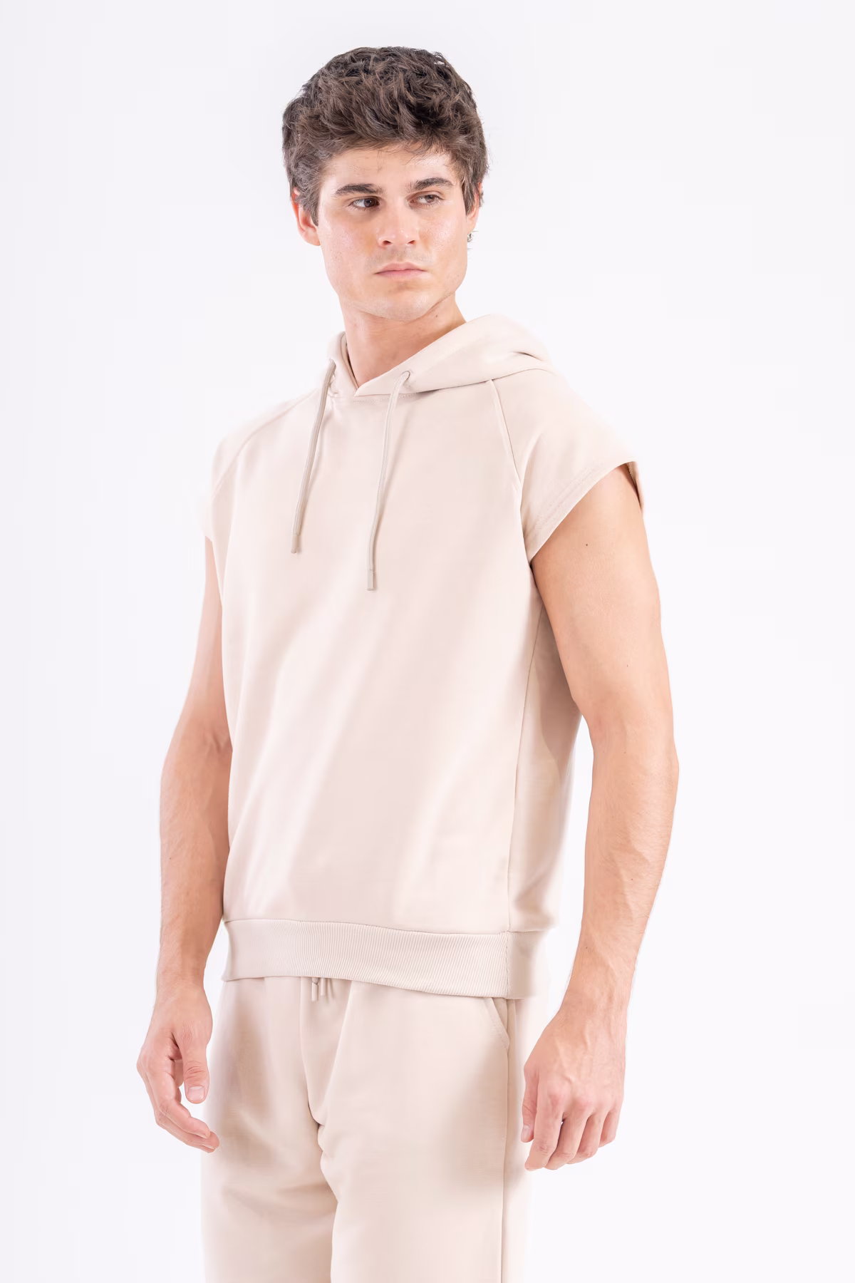 Gmesg Kapüşonlu Kolsuz Hoodie Sweatshirt - Bej - Görsel 2