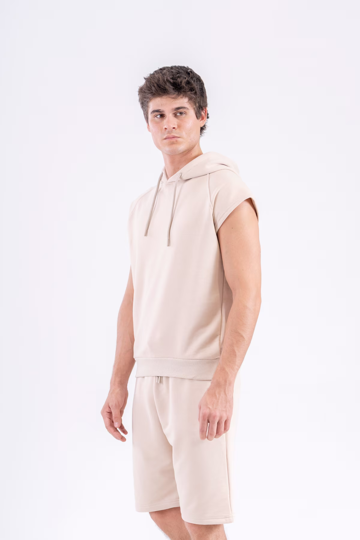 Gmesg Kapüşonlu Kolsuz Hoodie Sweatshirt - Bej - Görsel 3