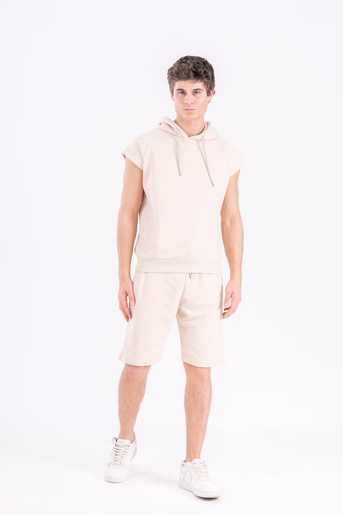 Gmesg Kapüşonlu Kolsuz Hoodie Sweatshirt - Bej - Görsel 5